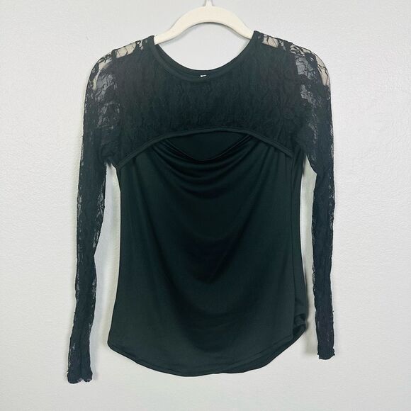 Unbranded Black Long Sleeve Lace Top Size S Mesh Sheer Gothic Stretch - Picture 1 of 7